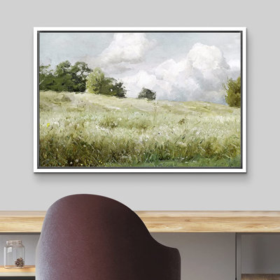 «Green Meadow Under White Clouds Nature Landscape Farmhouse», reproduction d'art sur toile encadrée