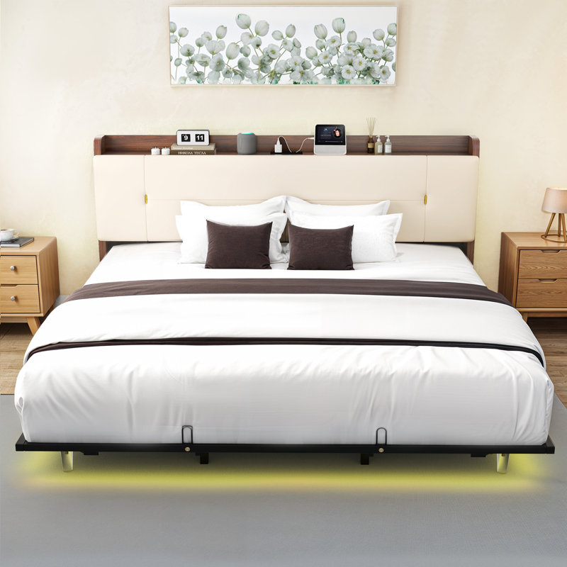 Lit plateforme tapissier avec rangement à DEL, Beige, Très grand