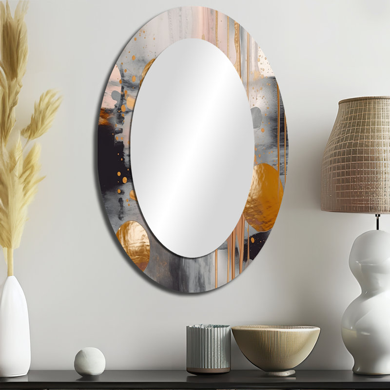 Cercles métalliques sur marbre Energy I - Miroir mural moderne ovale, 36 po x 24 po