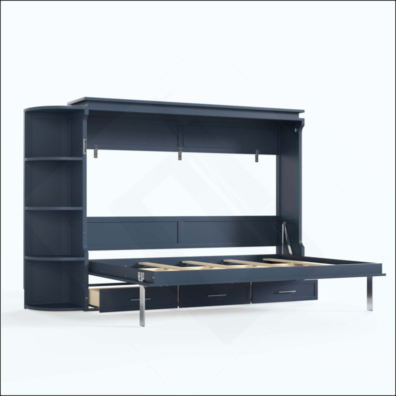 Lit plateforme escamotable avec tablette, armoires latérales et tiroirs Murphy, Grand lit, Blue