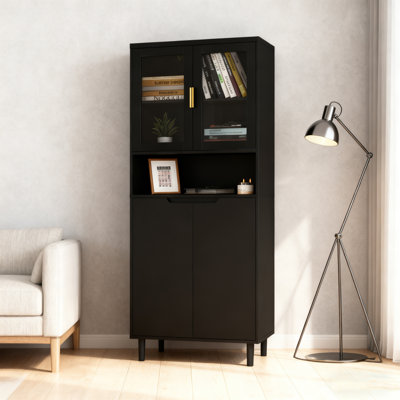 Bibliothèque en verre trempé haute L 23,62 po x P 13,78 po x H 63 po en MDF blanc, 4 portes, tablettes réglables, pour le salon / la chambre à coucher / le bureau (noir)