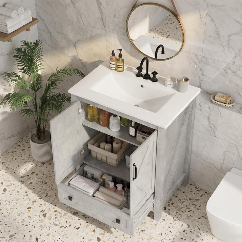 Meuble-lavabo autoportant de 24 po avec lavabo en céramique, armoire en bois avec tiroir et portes à fermeture douce, meuble-lavabo résistant à l'humidité pour petits espaces, gris ciment