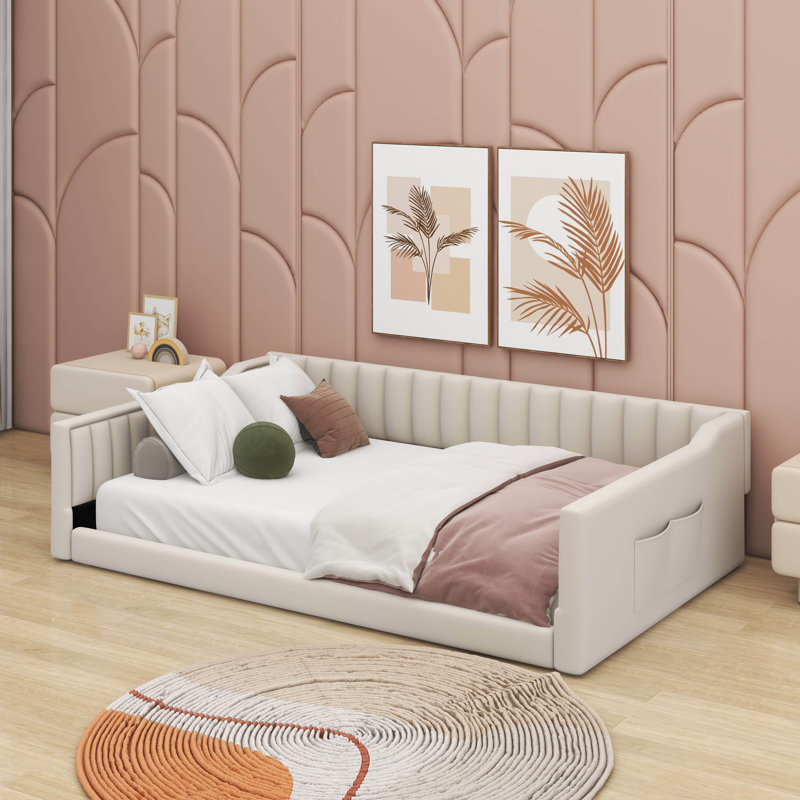 Upholstery Daybed With Side Storage Pocket, Full XL, Beige