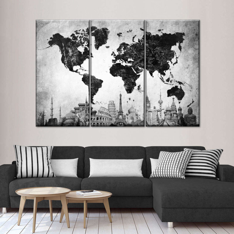 «Charcoal Black World Map», reproduction sur toile, H 20 po x l 33 po x 1,25 po