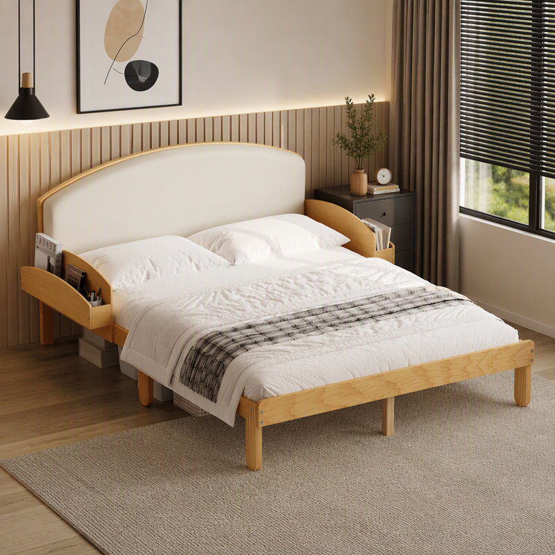 Lit double avec tête de lit rembourrée et tablettes, Naturel