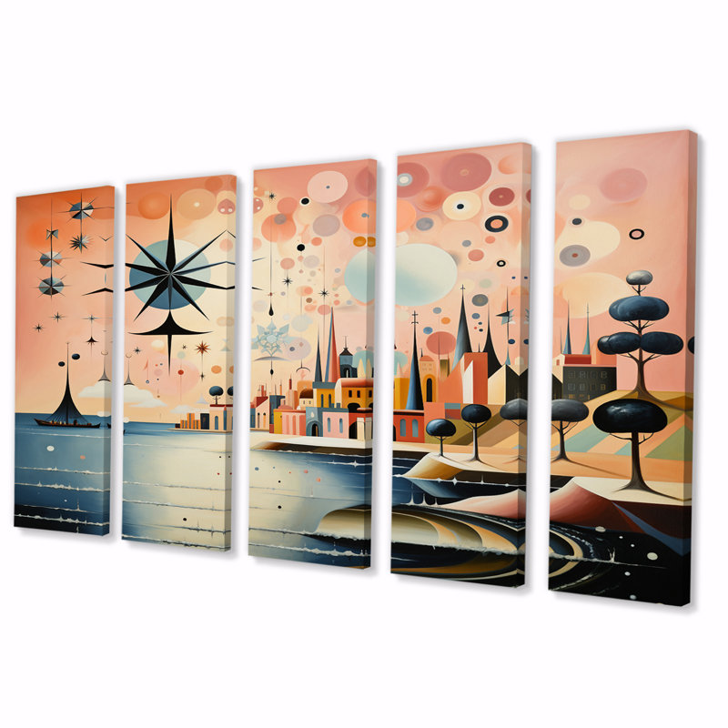 Vintage City In Retro Pastel Palette - Décoration murale paysage abstrait - 5 panneaux égaux