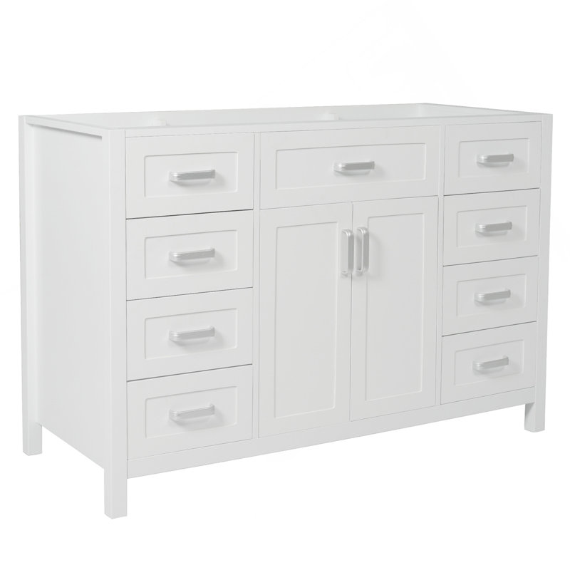 Meuble-lavabo 47 po sans lavabo, armoire seulement, 2 portes et 8 tiroirs, système de fermeture en douceur, design classique, blanc