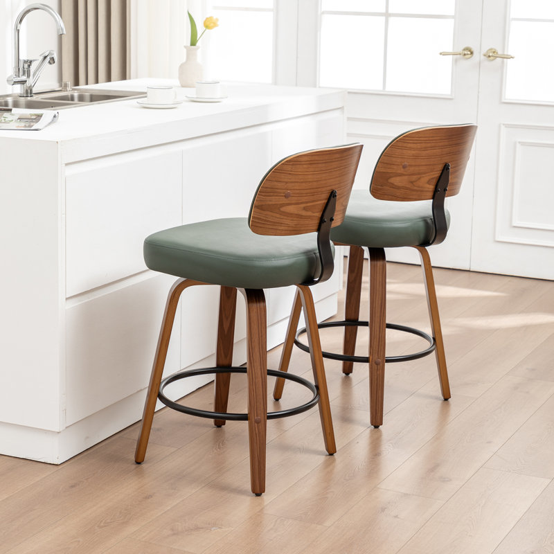 Tabourets de comptoir pivotants rembourrés en cuir de polyuréthane de style Mid-Century avec dossier courbé en bois, Vert