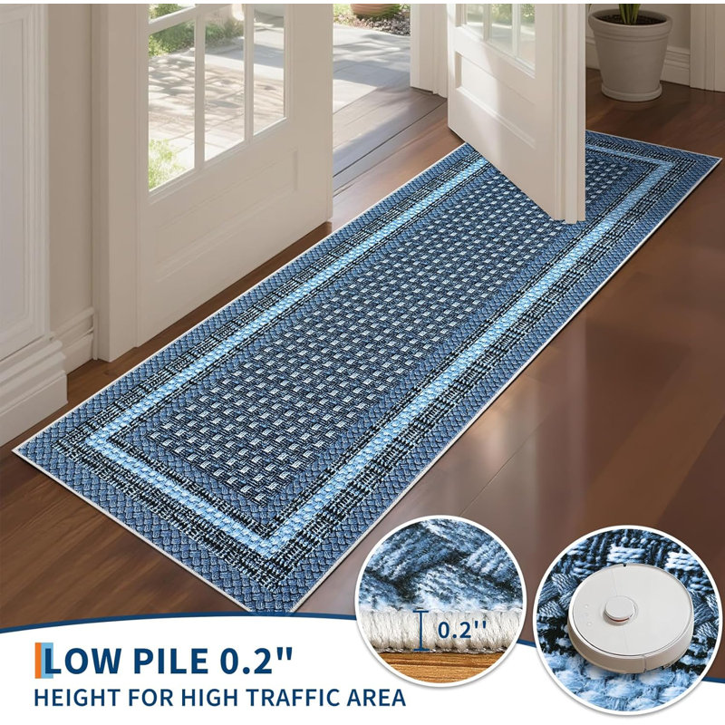 Kitchen Runner Rug – Non-Slip Modern Border, Soft Low Pile Carpet for Hallways, Entryways, Bathrooms, Laundry (Black/Grey)