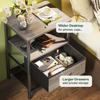 Nightstand Set of 2 with Fabric Drawer & Mesh Shelf, Oak – Metal Frame Side Tables