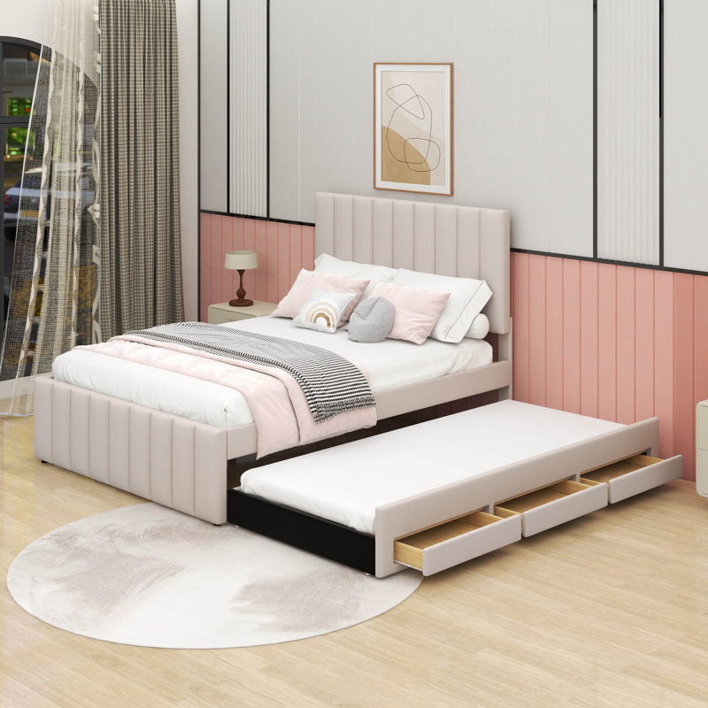 Lit plateforme double avec lit gigogne et tiroirs, Beige