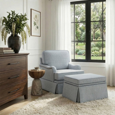 Upholstered Blue Striped Skirted Swivel Accent Arm Chair with Storage Ottoman