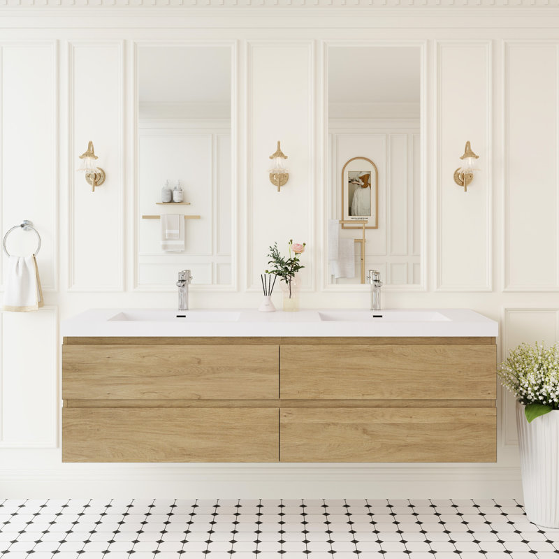 Meuble-lavabo flottant 72 po avec lavabo, meuble-lavabo, surface solide, deux lavabos, quatre tiroirs à fermeture en douceur, chêne naturel, design minimaliste moderne, espace, comptoir en résine
