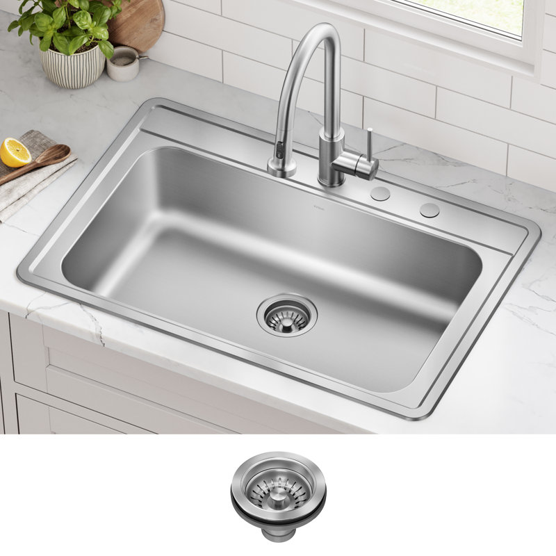 KRAUS Premier 33” Drop In / Top Mount Double Bowl 18-Gauge Stainless Steel Kitchen Sink, 33", Single Bowl