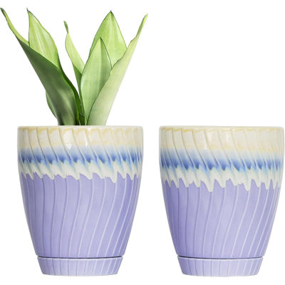 6" Cream & Purple Planters With Saucers Set Of 2