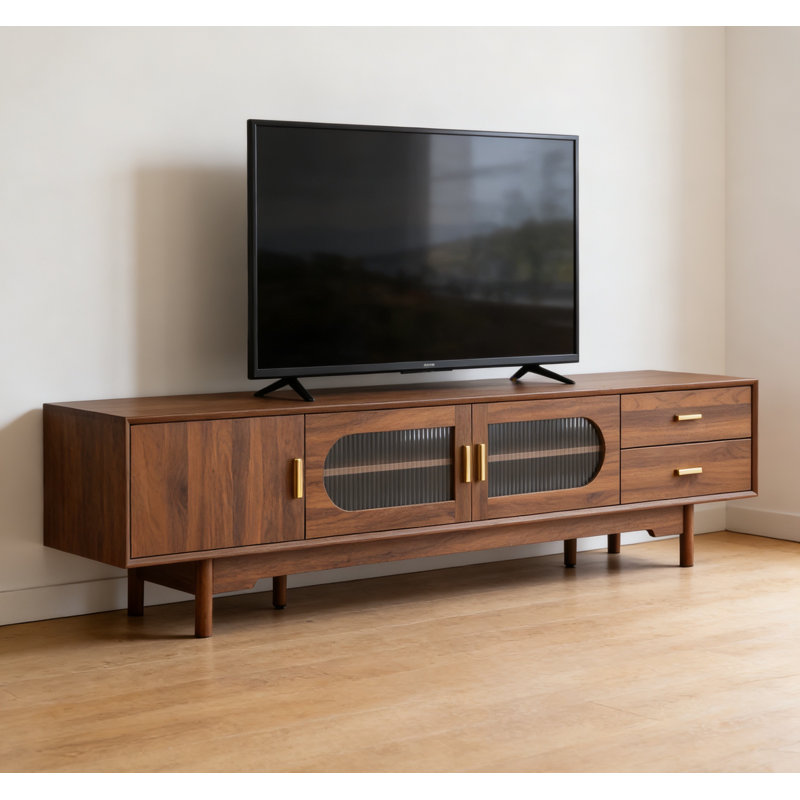  78inch Tv Stand For Tvs Up To 85", Modern Tv Cabinet With Fluted Glass Doors & 2 Drawers, For Living Room, Entertainment Center With Cable Management, Solid Wood Legs 