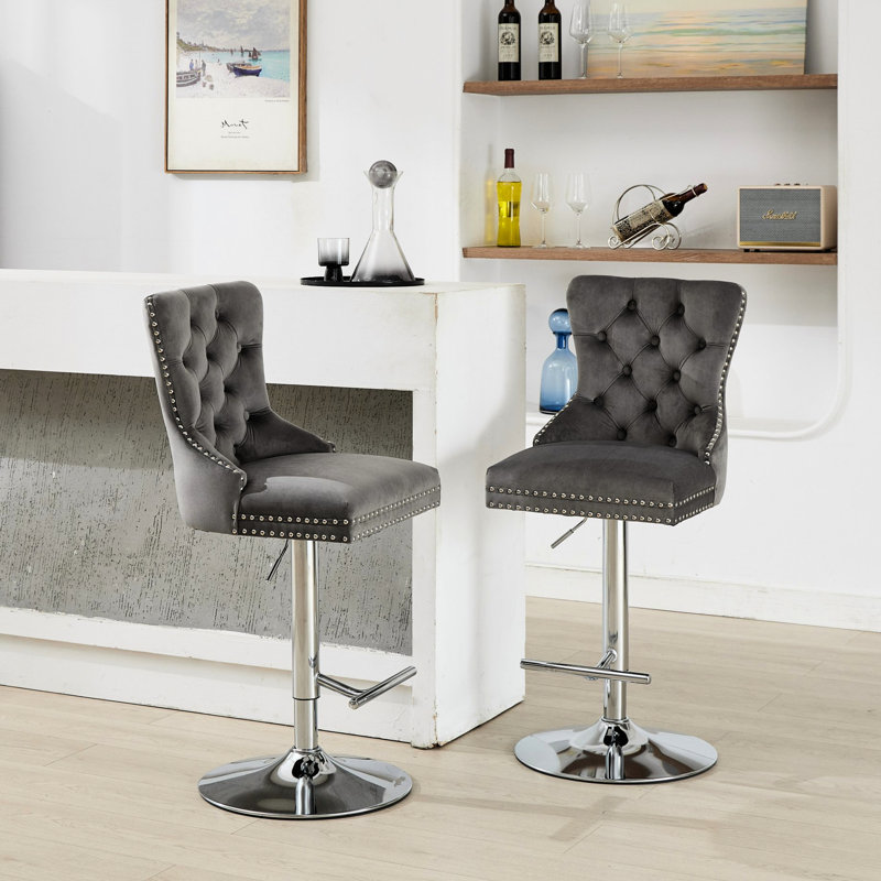 Thick Swivel Velvet , Gray Of 2, Adjustable 25 - 33" Height, With Buttons, Diamond , Sponge & Spring Seat For Pub Tables And Kitchen Islands Height 2 Modern Upholstered 17.7" Base, Buttons Home