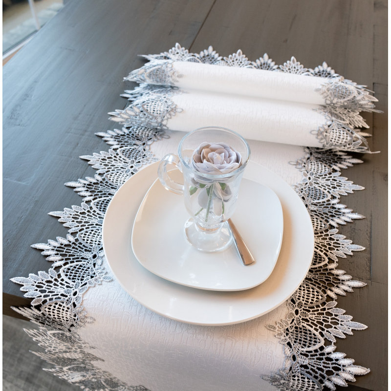 Lace Runner Earth Tone Silver Lace On White Jacquard Table Runner, 16" x 54"