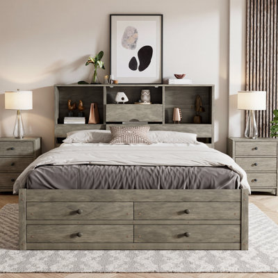 VARELON Wood Platform Bed with Storage Headboard and 8 Drawers, No Box Spring Required