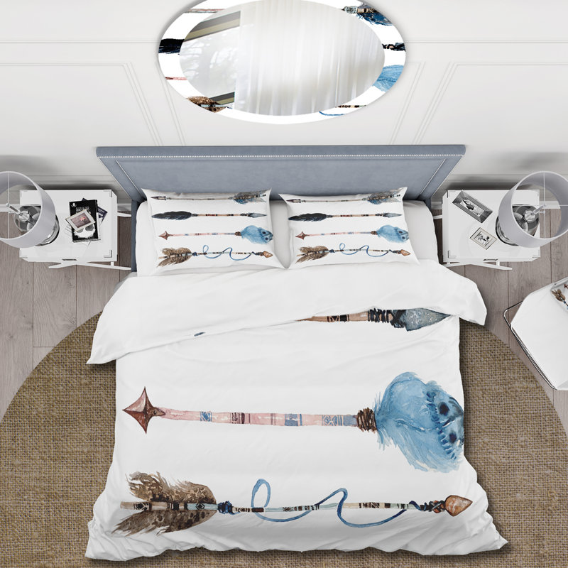 Ensemble de housse de couette bohémien plumes et fleurs sur flèches amérindiennes IV - Polyester en microfibre