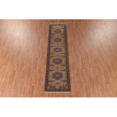 Green Geometric Kazak Oriental Runner Rug 3x10
