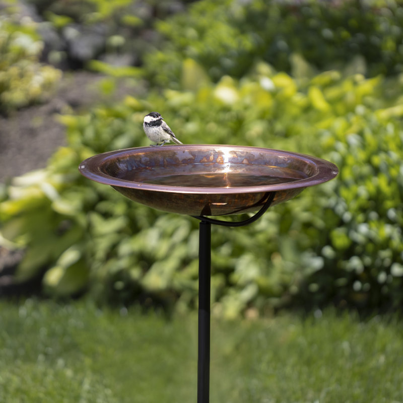 Hand-Applied Fired Copper Bird Bath with Garden Pole