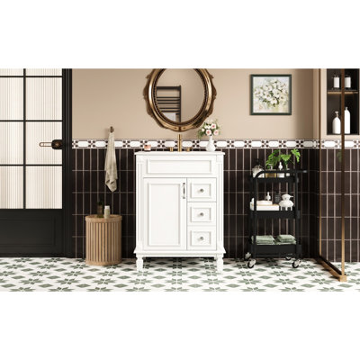 Meuble-lavabo moderne de 24 pouces équipé d'un lavabo en céramique, de 2 tiroirs et d'une tablette ajustable permettant de compter un petit espace de tiroirs de style français pour améliorer la salle de bain