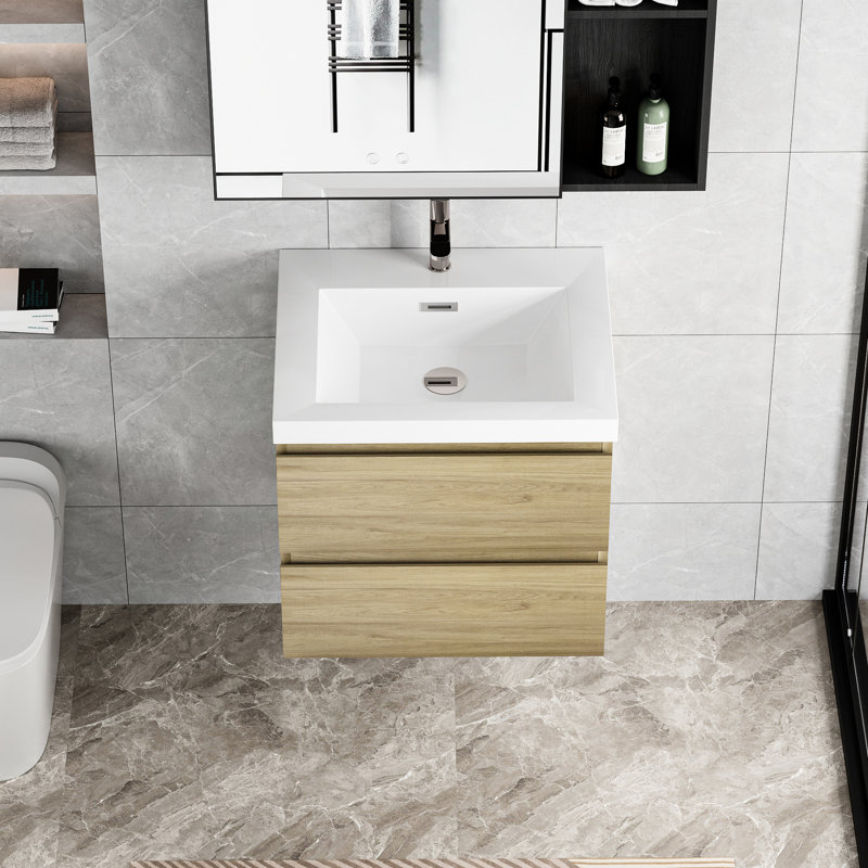 Meuble-lavabo en chêne naturel avec lavabo, vasque en résine et tiroirs en chêne naturel, comptoir, fermeture en douceur