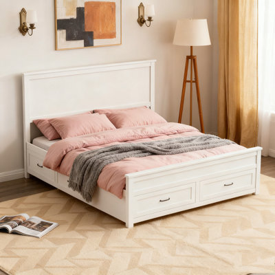 Base de lit en bois avec rangement à 6 tiroirs, lit plateforme avec support en lattes de bois