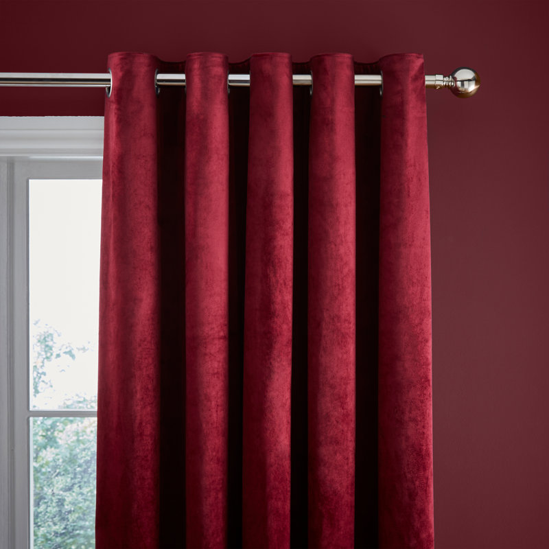 Kingsley Matt Velvet Lined Eyelet Curtains, Red