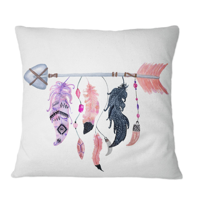 Coussin Boho Arrow With Feathers - Imprimé scandinave, 16 po x 16 po