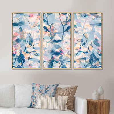 Rose et nuances de bleu - ensemble d'art mural sur toile traditionnel encadré de 3