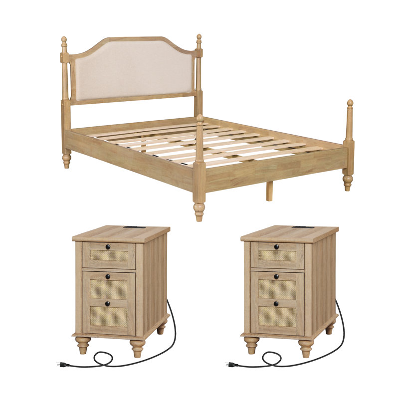 Ensemble de chambre à coucher 3 pièces, cadre de lit plateforme avec tête de lit et ensemble de 2 tables de chevet en rotin avec station de charge, chêne