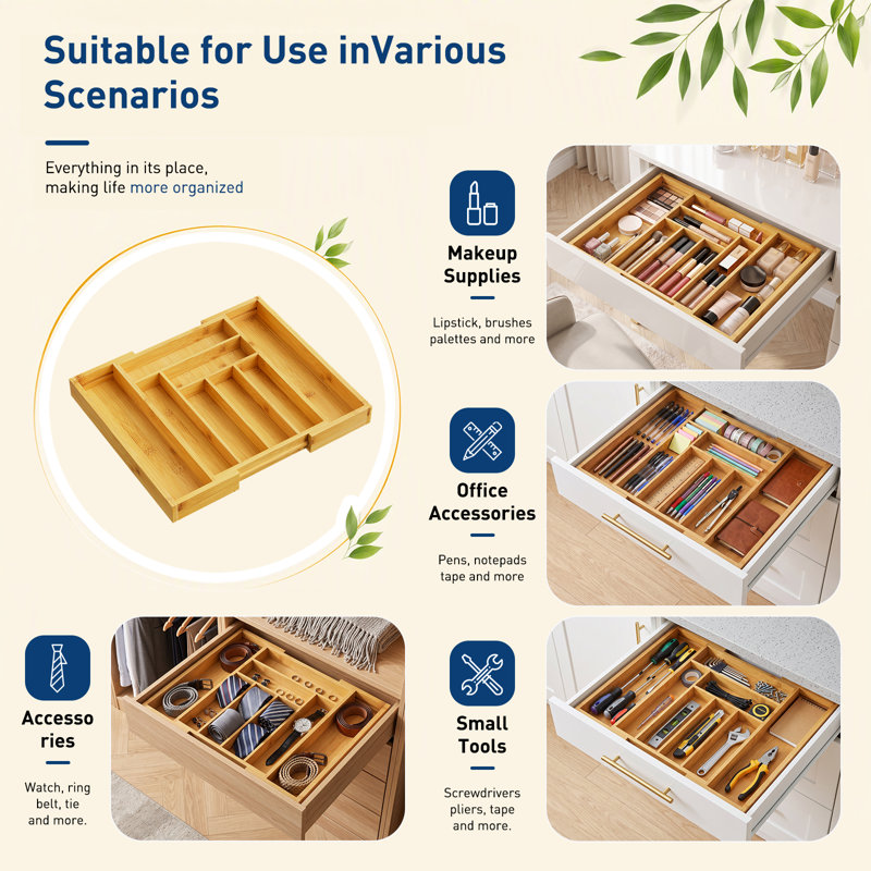 Luzius Bamboo Adjustable Expandable 8 Slot Flatware Drawer Organizer Silverware Organizer for Kitchen Utensils, Natural-Large