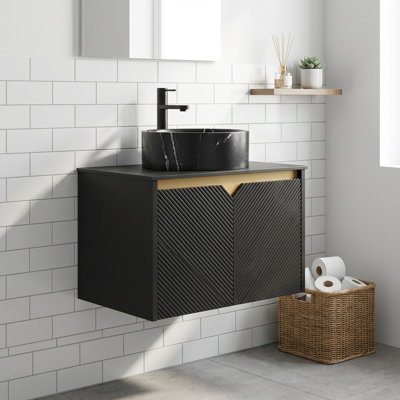 Meuble-lavabo flottant mural de 24 po avec vasque en céramique et plateau en pierre frittée, armoire de rangement à double porte en sergé noir