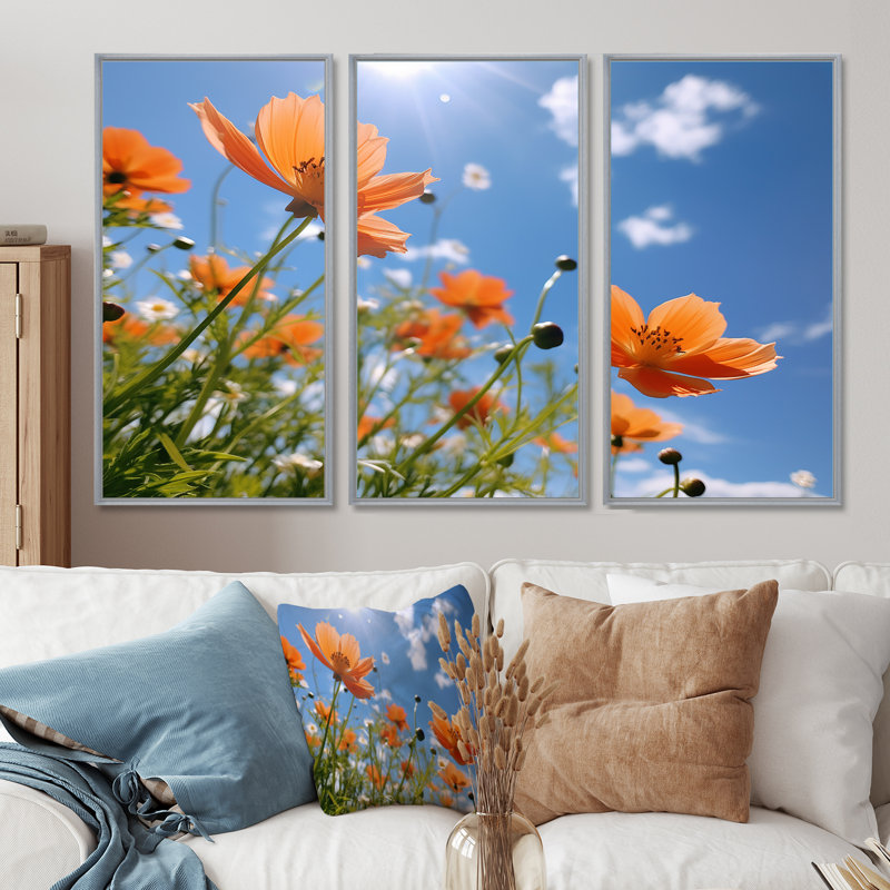 Orange coquelicots, bleu, ciel d'été - ensemble de salon d'art mural coquelicots, H 40 po x l 60 po x P 1 po