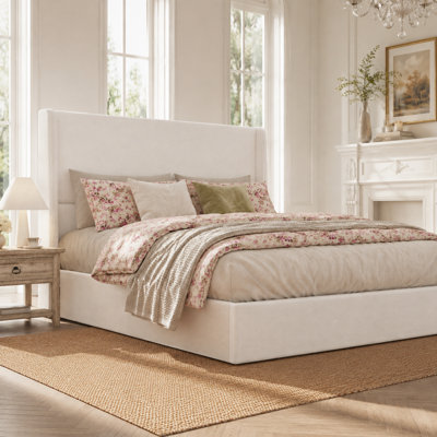 Lit plateforme tapissier en chenille avec tête de lit haute, base de lit beige avec support à 12 lattes, aucun sommier requis