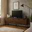 Meuble télé, 72 po, console, meuble multimédia, armoire de rangement, stratifié brun, métal noir, transitionnel