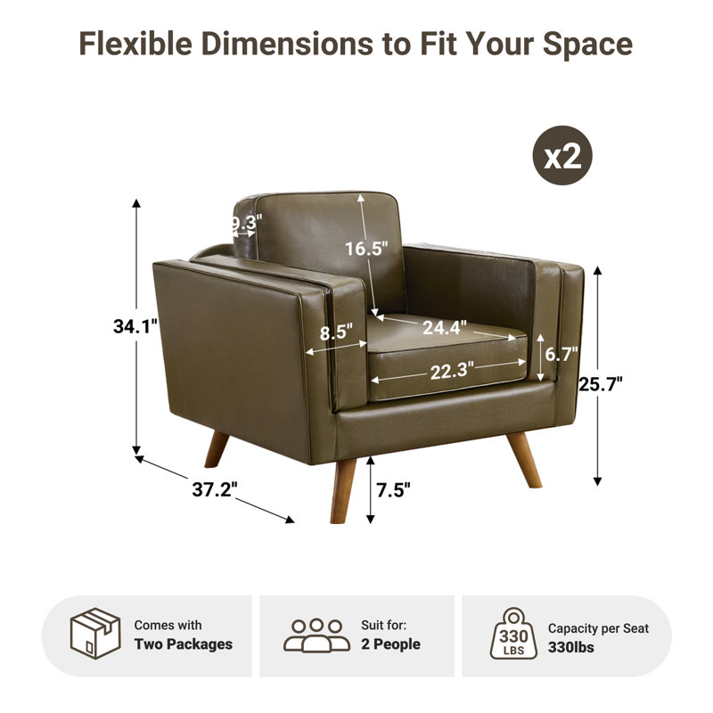 Fauteuil d'appoint rembourré de 39,3 pouces de large avec pieds en bois massif (ensemble de 2), Similicuir vert