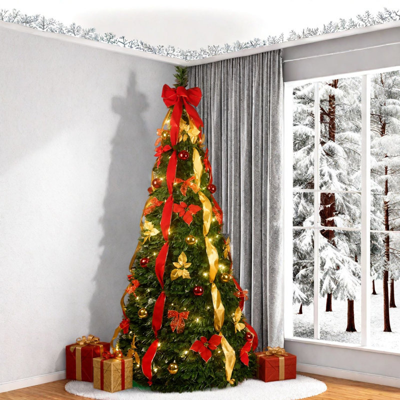 Pre-Lit Christmas Trees, 7.5 Ft Metal PVC Pop Up Modern Decor for Home