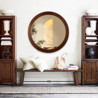 Miroir rond en bois de 24 pouces, miroir circulaire avec cadre en noyer pour le mur, miroir mural rond rustique décoratif pour le vestibule de la salle de bain (brun noyer)