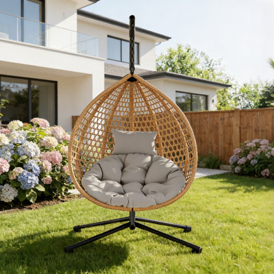 Fauteuil à œufs suspendu de qualité supérieure en osier avec support, chaise de patio pliable avec coussin épais pour l'intérieur et l'extérieur