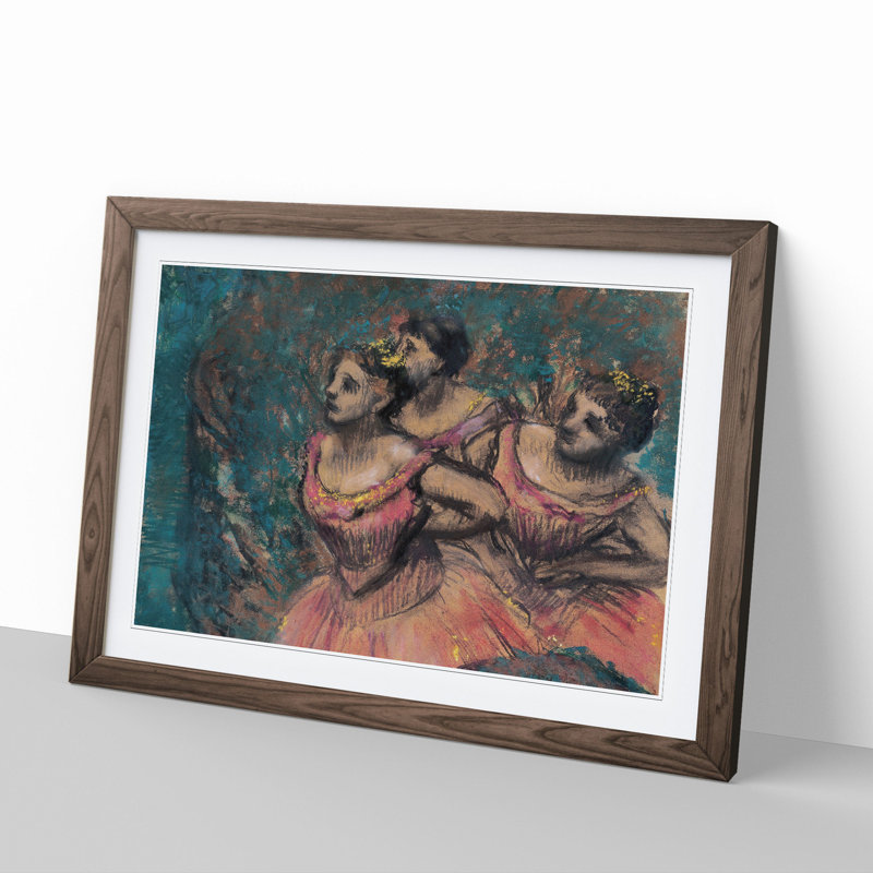 Three Ballet Ballerina Dancers in Pink by Edgar Degas - Picture Frame Painting, 36cm H x 48cm W x 2cm D, Walnut