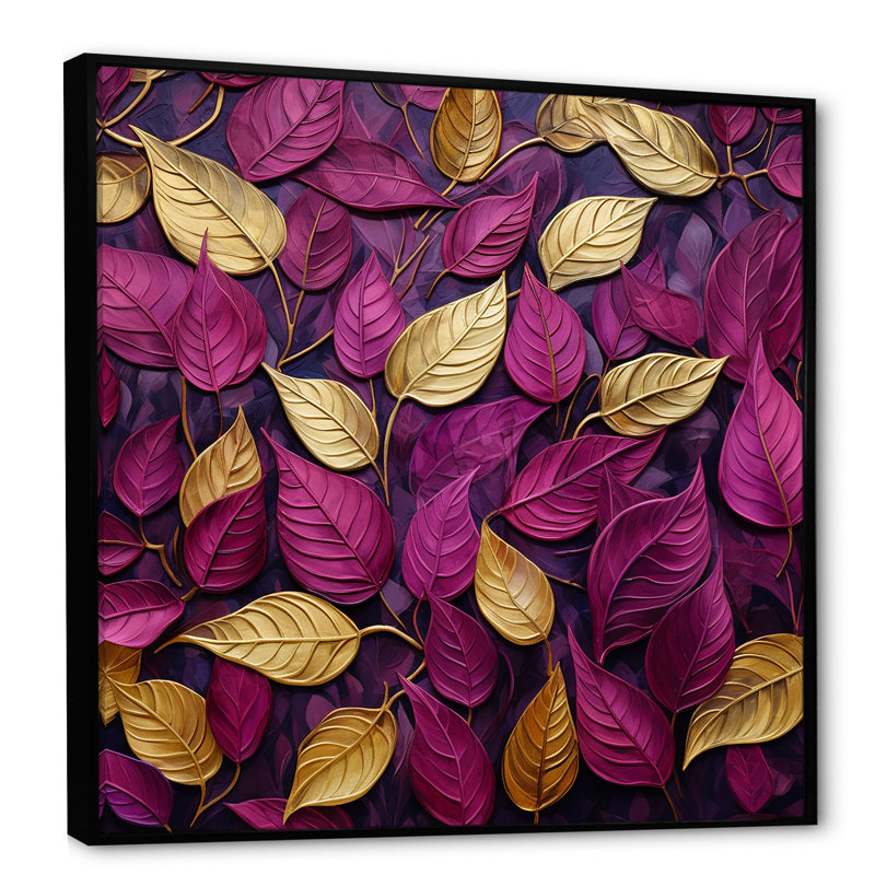 Feuilles dorées et roses charmantes I, Cadre flottant noir, H 30 po x l 30 po x P 1 po