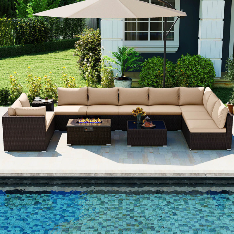 Ensemble de 12 canapés modulaires en osier de patio avec support de réservoir de table de foyer au propane 32 po brun, Beige