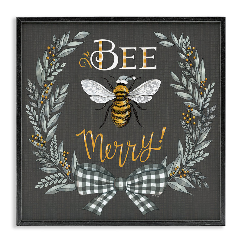 «Bee Merry with Garland», art giclée par Deb Strain, H 24 po x l 24 po, Giclée encadrée noir minuit