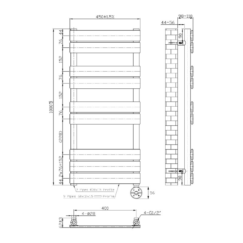 Flat Panel Towel Rail Heated Towel Rails, 100cm H x 45cm W x 6.2cm D, Chrome