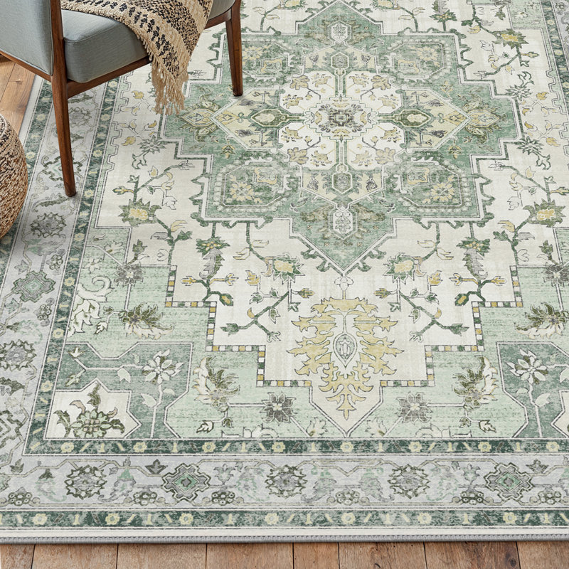 Tapis oriental performance Roehit, Rectangle 5 pi x 7 pi, Jaune / ivoire / vert