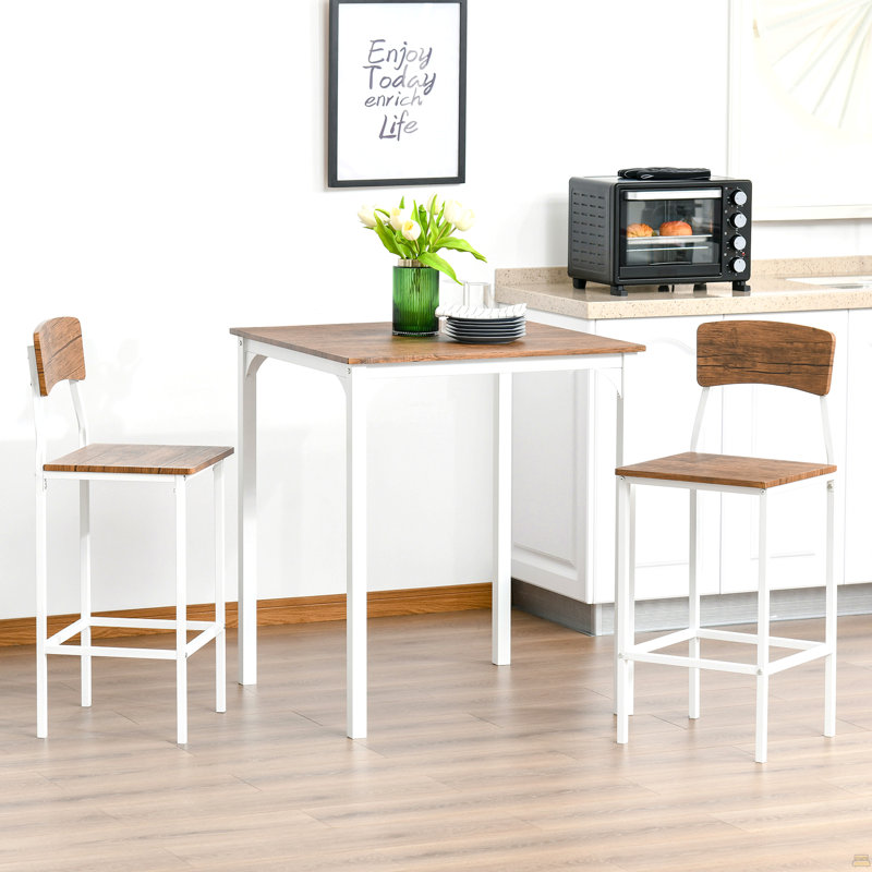 Ensemble de table de bar 3 pièces, ensemble de table de salle à manger à hauteur de comptoir industriel, table de bar et chaises avec pieds et repose-pieds en acier, blanc