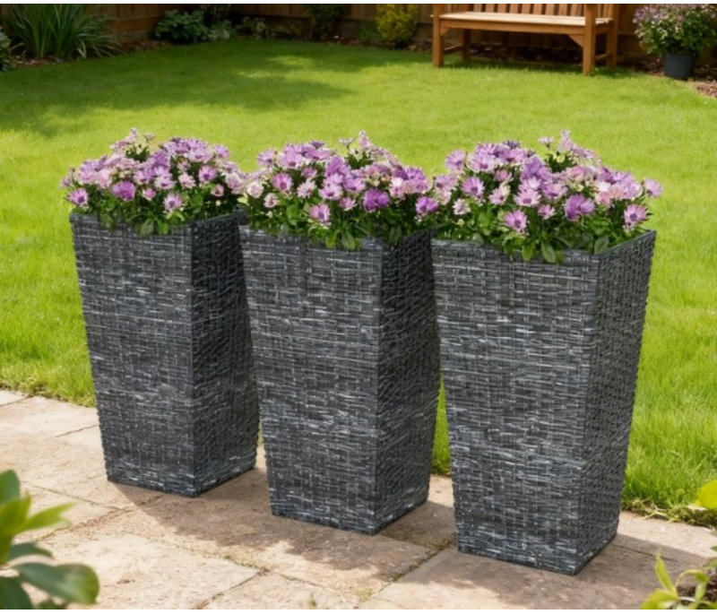 Ensemble de 3 pots de fleurs coniques, grands pots de fleurs pour plantes d'extérieur, avec trous de drainage, Gris